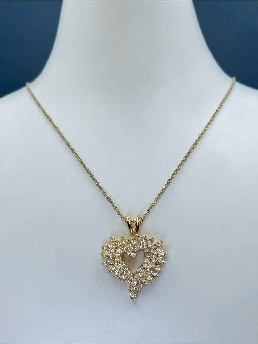 Roman Gold Tone Clear Rhinestone Open Heart Pendant Necklace 18”
